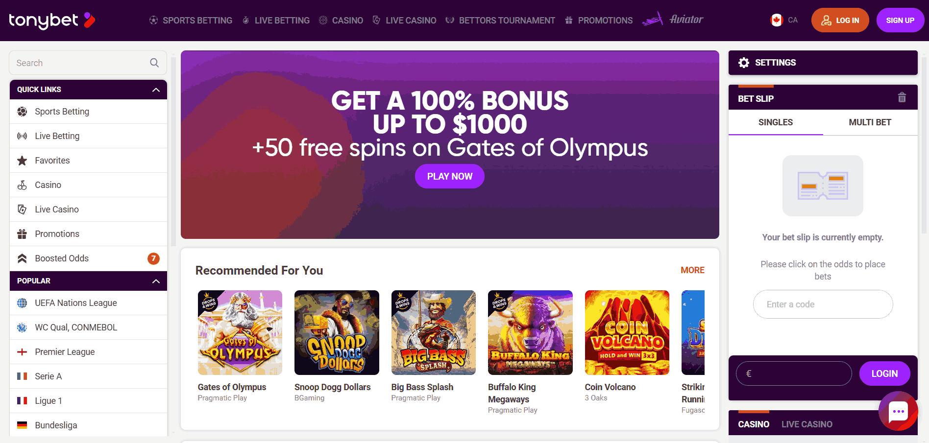 TonyBet Casino Website Screenshot