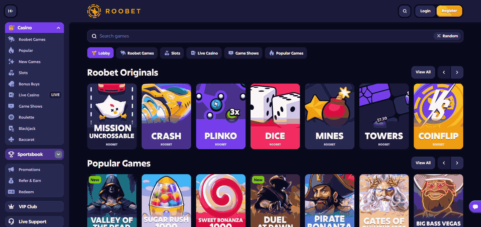 Roobet Casino Website Screenshot