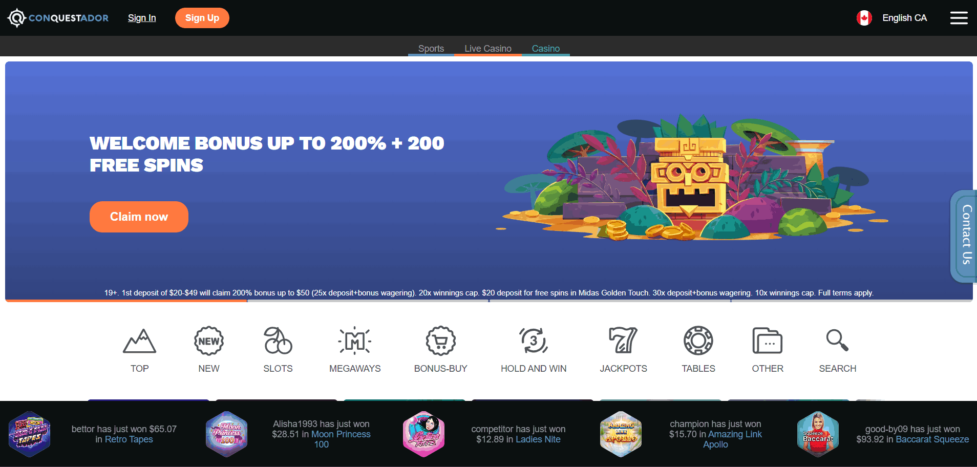 Conquestador Casino Website Screenshot