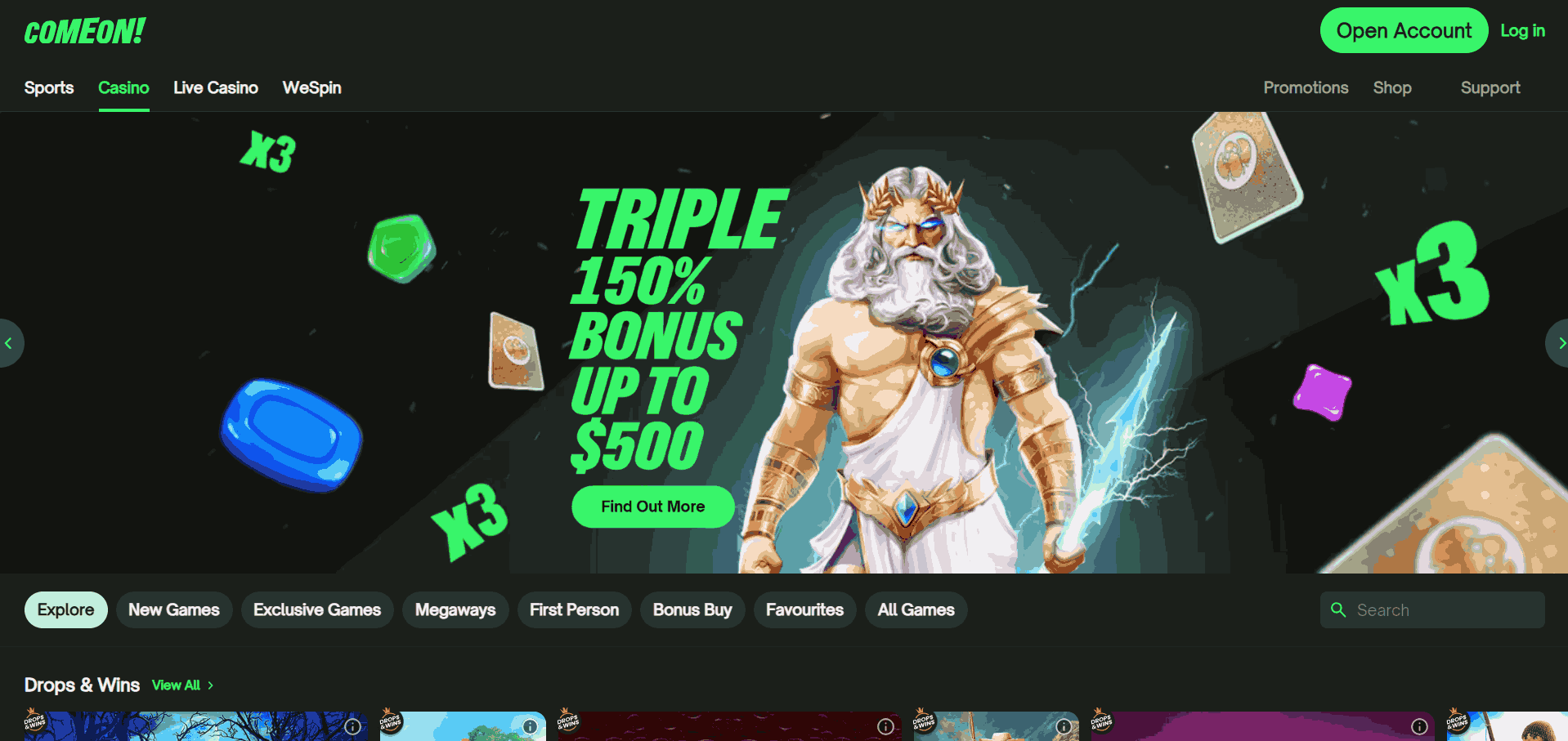 ComeOn Casino Website Screenshot
