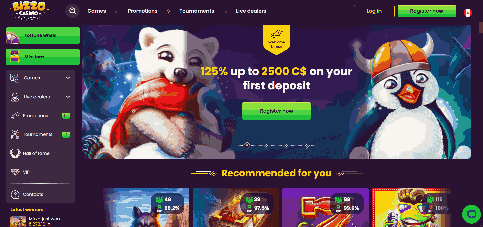 Bizzo Casino Website Screenshot