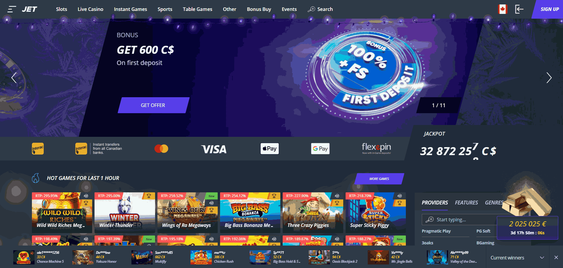 JET Casino Website Screenshot